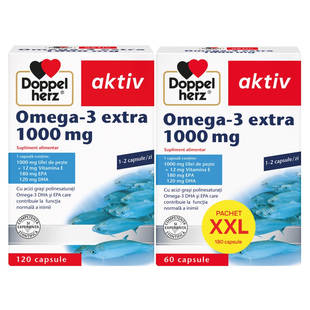Aktiv Omega 3 Extra + Ulei Somon 1000mg, 120 capsule + Omega3 Extra + Ulei Somon1000mg, 60 capsule, Doppel Herz