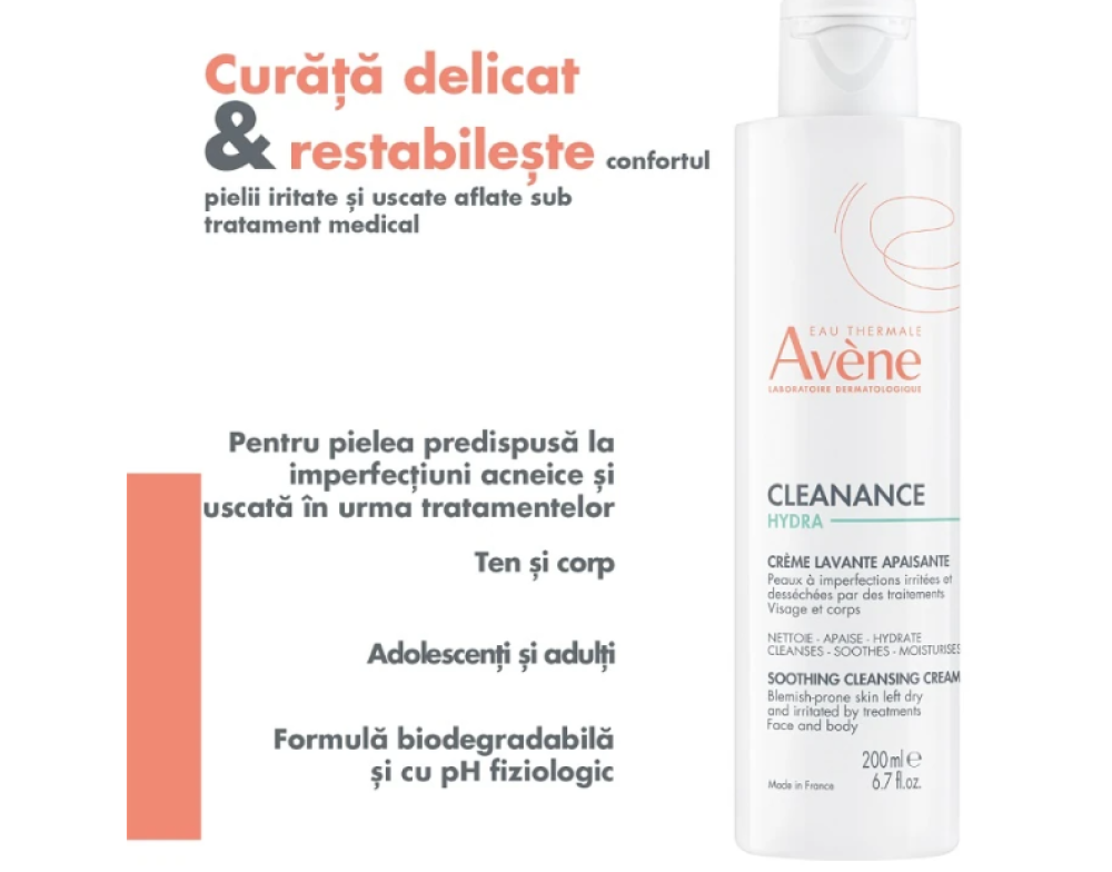 Avene Cleanance Hydra Crema de Curatare Calmanta pentru tenul acneic, 200 ml