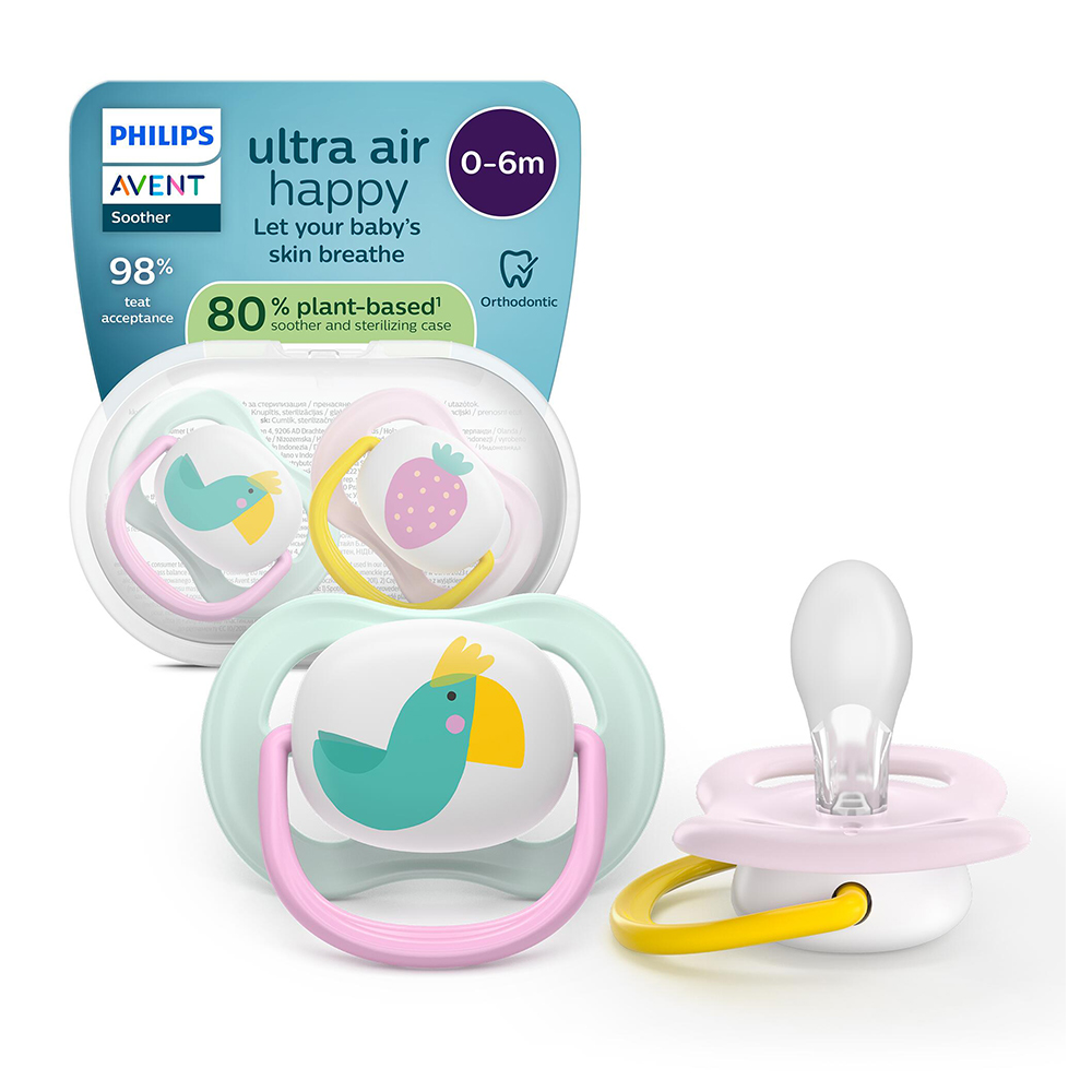 Suzeta Ultra Air Silicon Design Papagal/Capsuna 0-6luni 080/24, 2 buc, Avent Philips