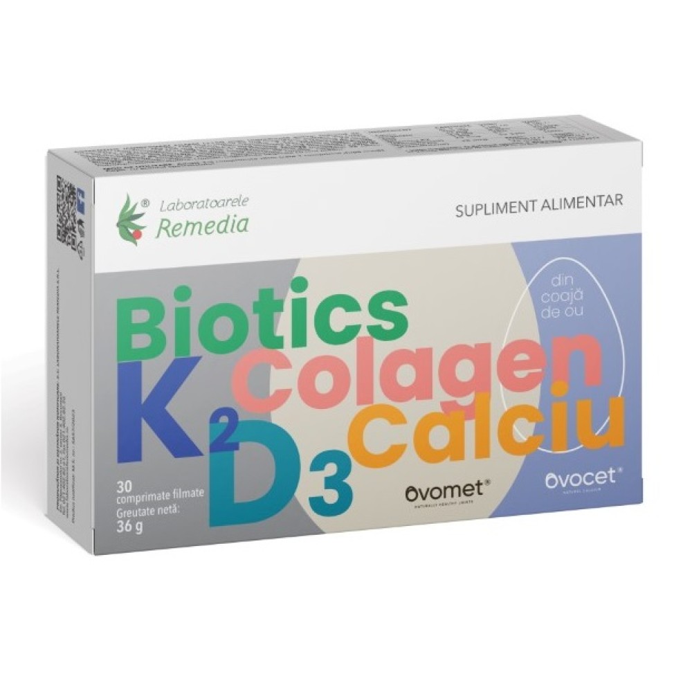 Biotics + K2 + D3 + Colagen + Calciu, 30 comprimate filmate, Remedia