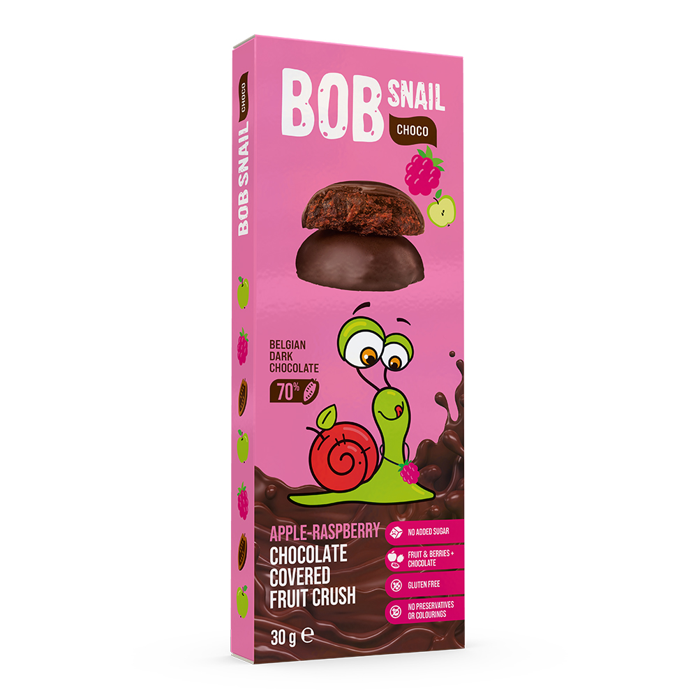 Snack fructat cu ciocolata neagra 70%, Zmeura si Mar, 30 g, Bob Snail