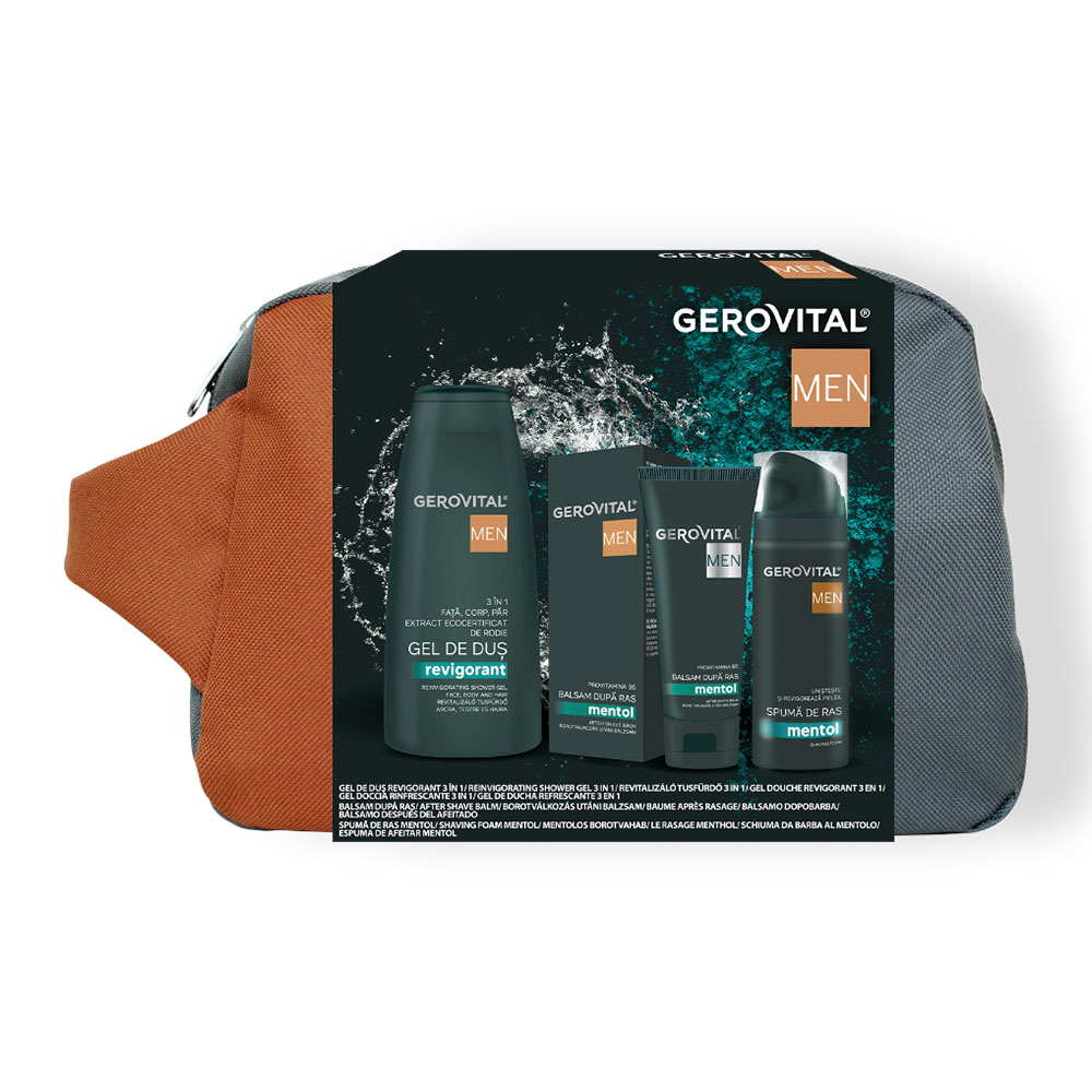 Borseta Gel de Dus Revigorant, 400ml + Balsam dupa Ras, 100ml + Spuma Ras, 200ml, Gerovital Men