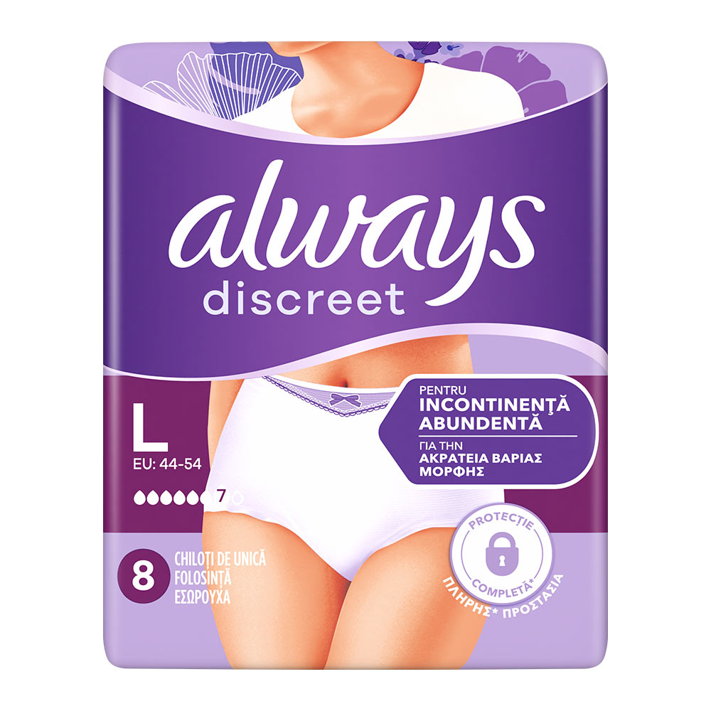 Chiloti pentru incontinenta urinara Discreet Plus, 6 picaturi, marimea L, 8 bucati, Always