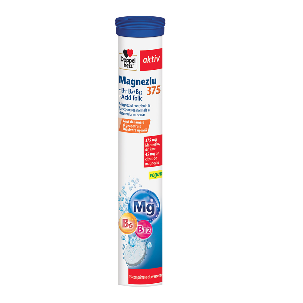 Magneziu 375mg+Vit B1+ Vit B6+Vit B12+Acid Folic, 15 comprimate efervescente, Doppel Herz Aktiv