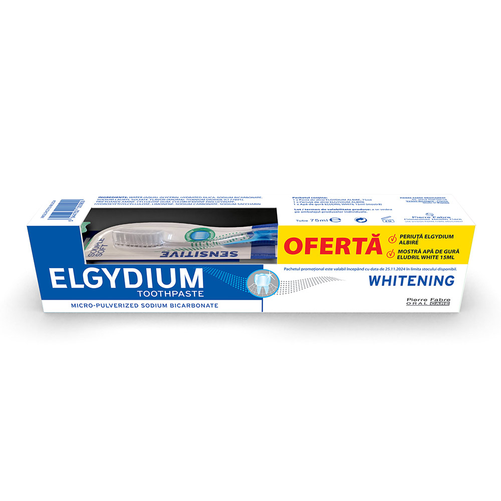 Pachet Elgydium Pasta de Dinti Albire, 75ml + Periuta + Eludril White Apa, 15ml