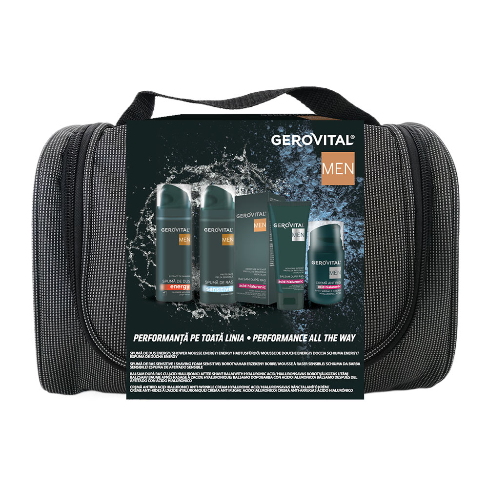 Pachet Borseta (Spuma de Dus + Spuma de Ras + Balsam dupa Ras + Crema Antirid), Gerovital Men