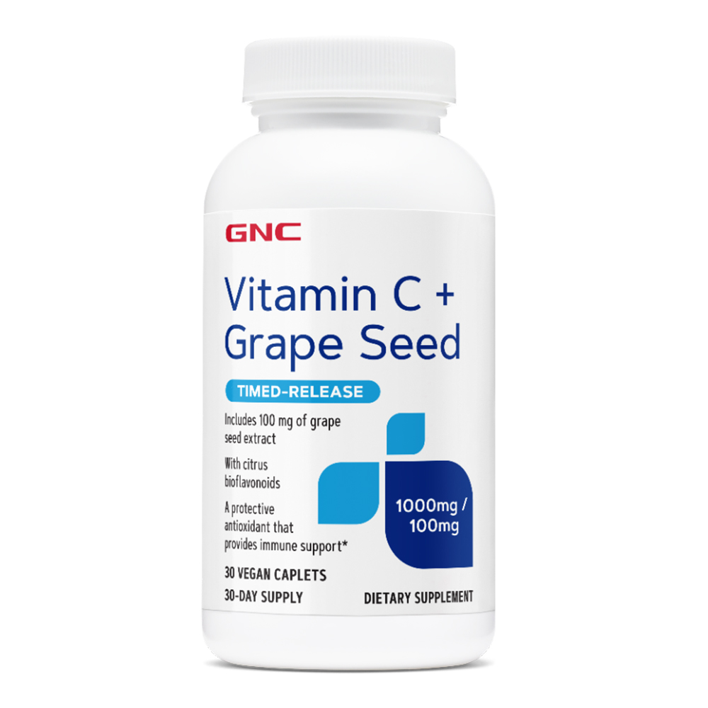 GNC Vitamin C + Grape Seed, Vitamina C 1000 Mg cu Bioflavonoide si Extract din Seminte de Struguri cu Eliberare Prelungita, 30 tablete, GNC