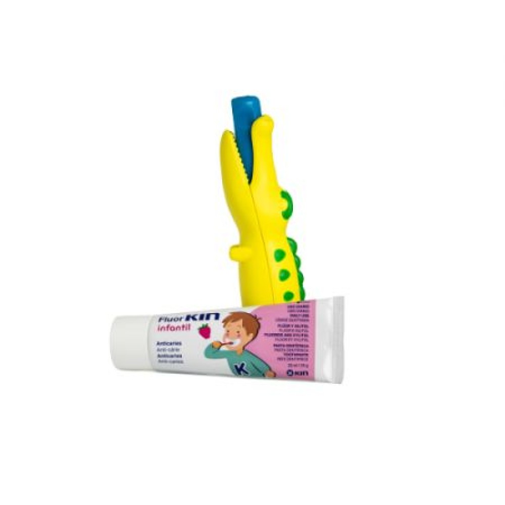 Pachet de calatorie pentru copii cu pasta si periuta de dinti Crocodil, diverse culori, 1 set, Kin