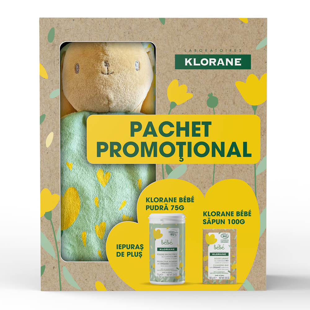 Pachet Pudra Toaleta Protectoare, 75g + Sapun, 100g + Iepuras Plus, Klorane Bebe