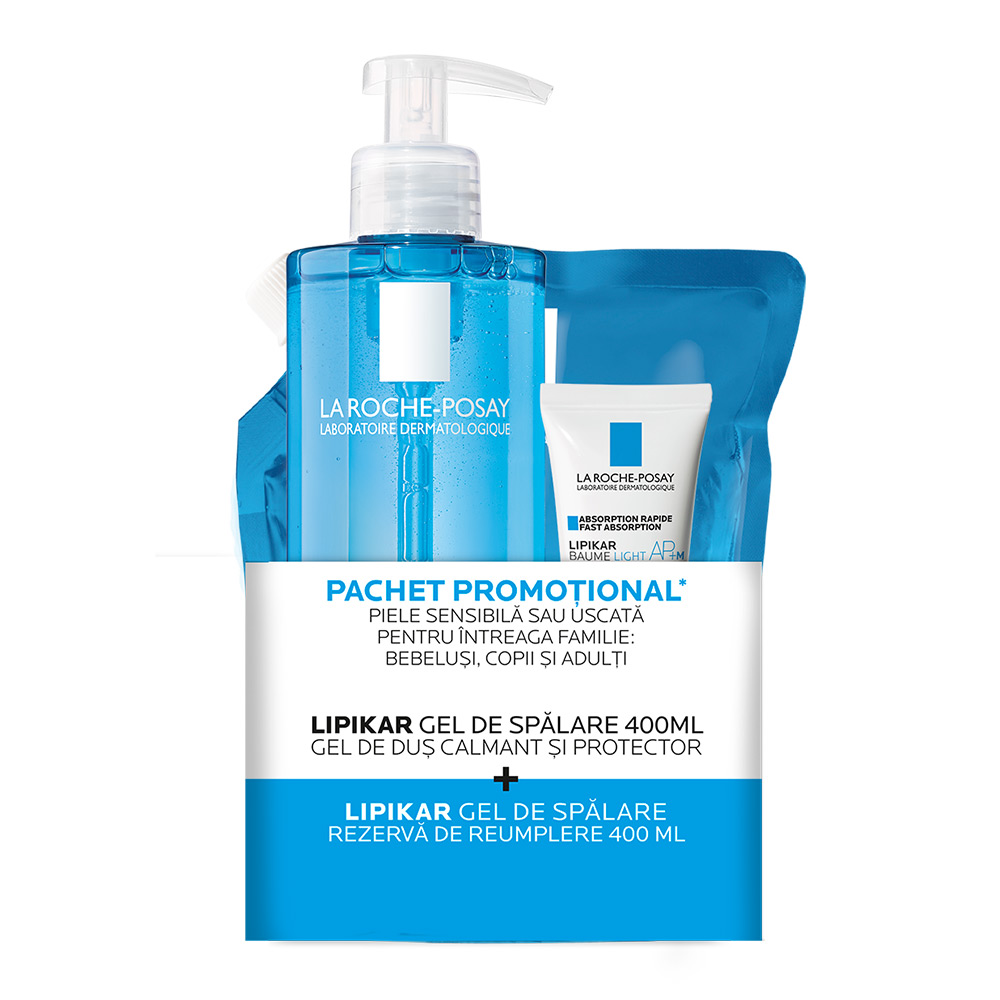 Pachet promotional Lipikar gel de spalare 400ml, Rezerva de reumplere 400ml + Lipikar Baume 15ml, La Roche Posay