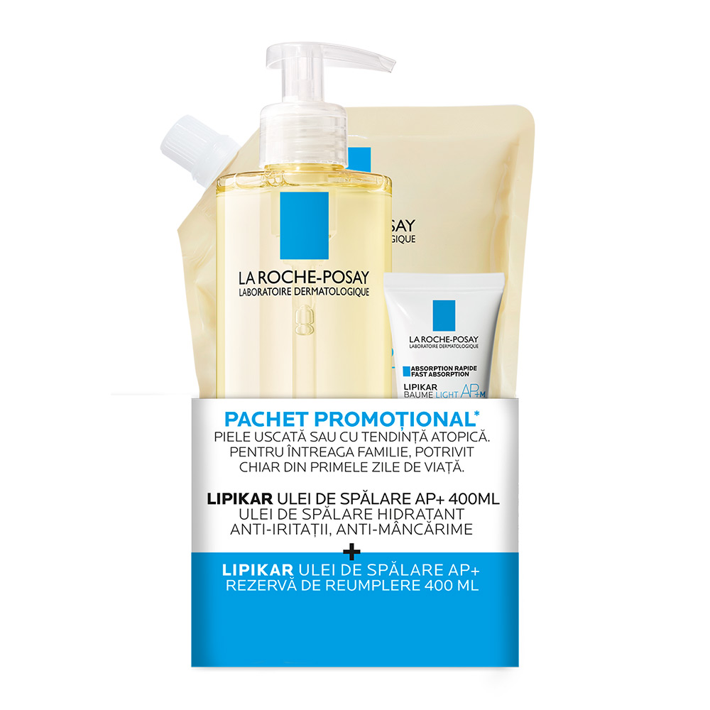 Pachet promotional Ulei de spalare Lipikar AP+ 400ml, Rezerva reumplere 400ml + Lipikar Baume Light AP+ 15ML, La Roche Posay