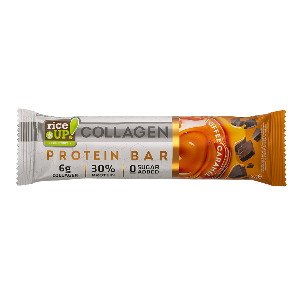 Baton Proteic cu Collagen, Caramel, Fara zahar adaugat, 50g, Rice Up