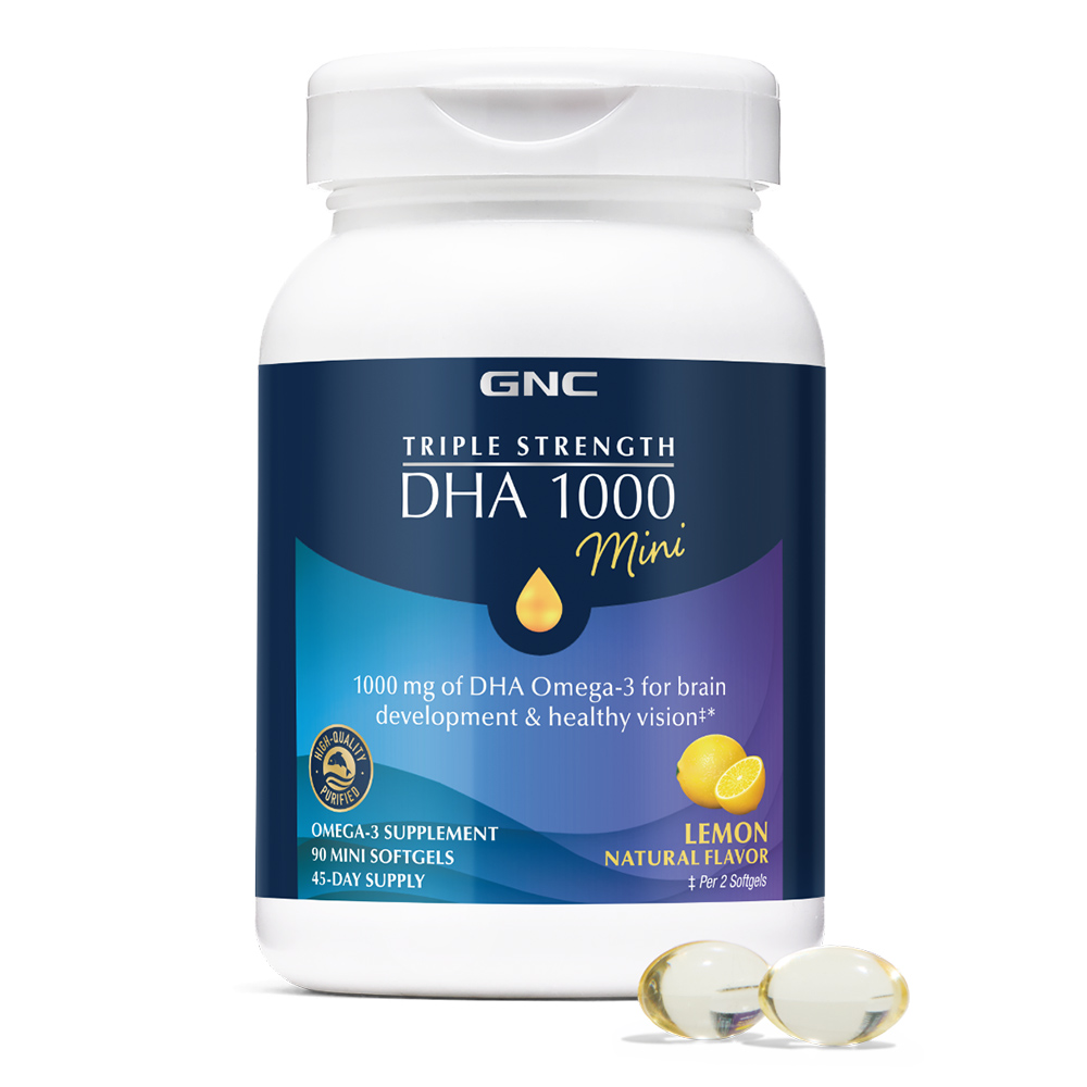 Triple Strength DHA 1000 Mini, Acizi grasi DHA omega-3 mini, cu aroma naturala de lamaie, 90 cps, GNC