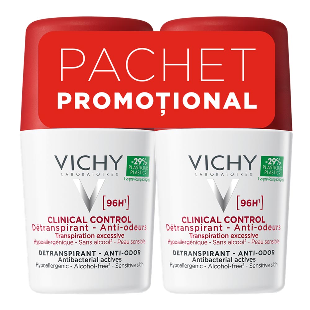 Pachet Deodorant roll-on antiperspirant Clinical Control 96H, 50 ml + 50 ml, Vichy