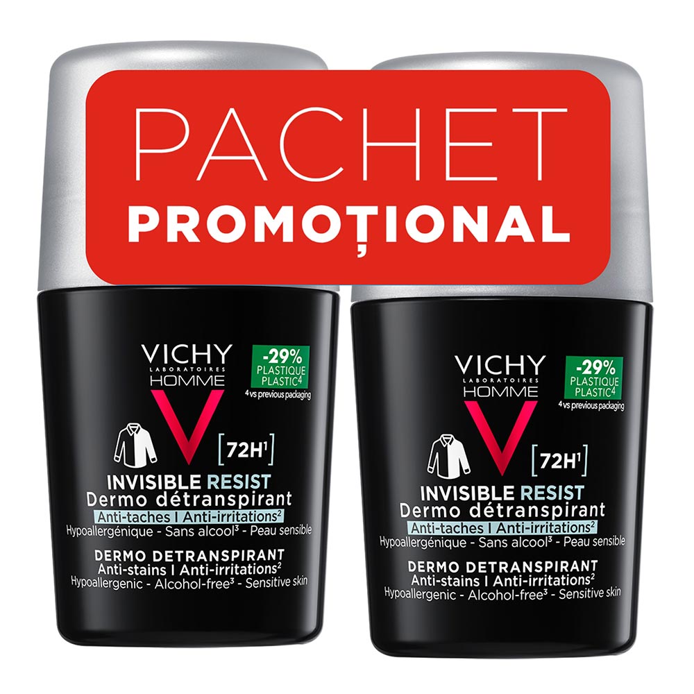 Pachet Deodorant roll-on antiperspirant pentru barbati Invisible Resist 72H, 50 ml + 50 ml, Vichy