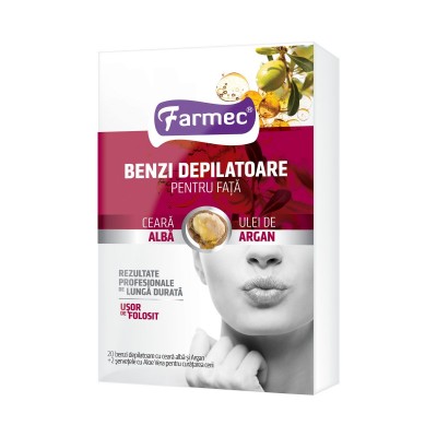 Benzi depilatoare pentru fata cu ceara alba si ulei de argan, 20 bucati + 2 servetele, Farmec