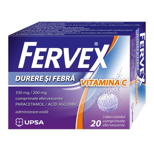 Fervex Durere si Febra Vitamina C 330mg+200mg, 20 comprimate fervescente, Upsa