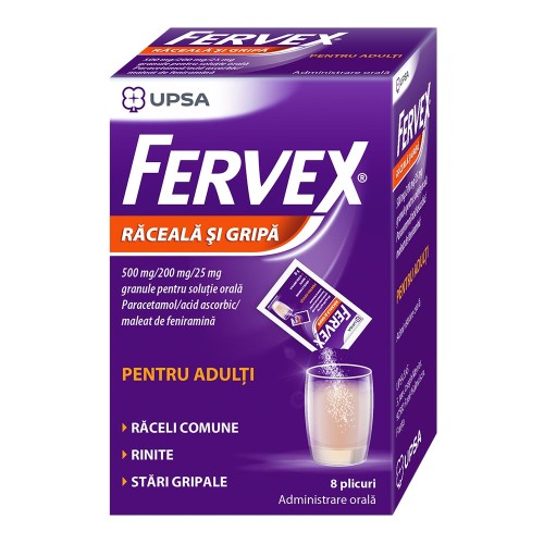 Fervex pentru Adulti 500mg/200mg/25mg , 8 plicuri , Upsa