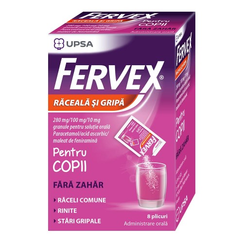 Fervex pentru Copii Fara Zahar 280mg/100mg/10mg, 8 plicuri, Upsa