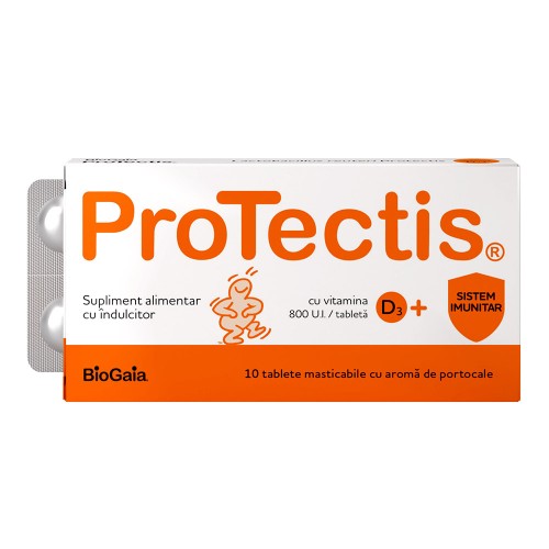 Tablete Masticabile cu vitamina D3 800 UI cu aroma de portocale, 10 tablete , Protectis, BioGaia