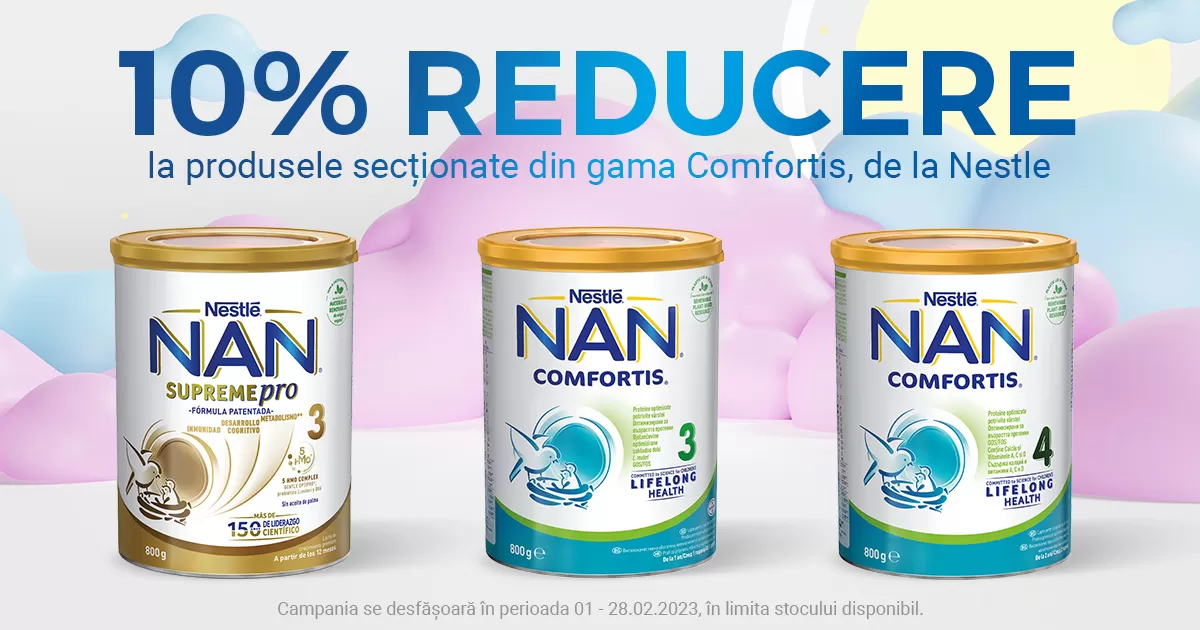 10% reducere pentru produsele secționate din gamele Comfortis și SupremePro, de la Nestle