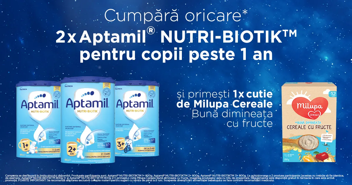 Cumpara oricare 2x Aptamil peste 1 an si primesti o cutie de cereale Milupa Buna dimineata cu fructe